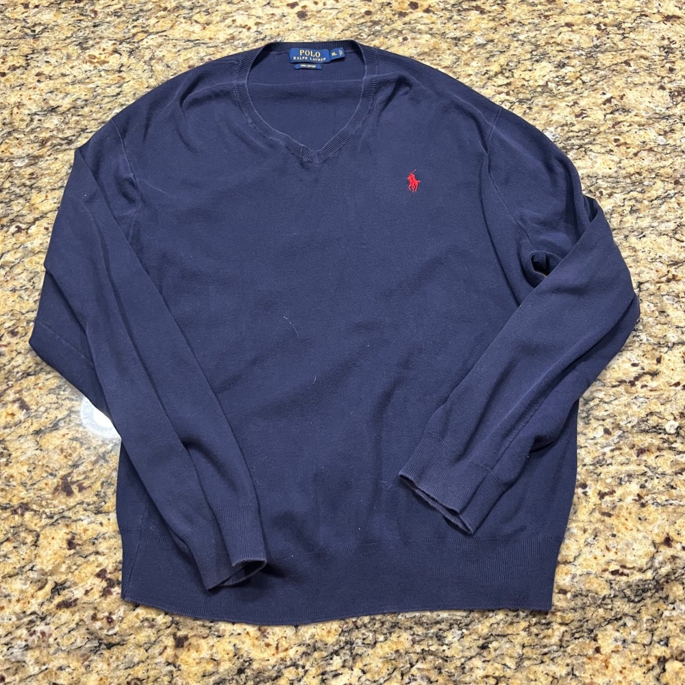 Polo Ralph Lauren Mens XL Navy Blue‎ Pima Cotton V-Neck Sweater Red Pony Logo
